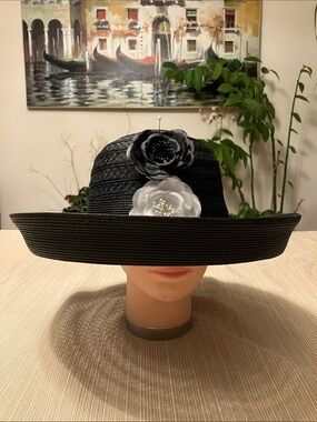 Elegant Black Wide-Brim Floral Accent Women's Hat